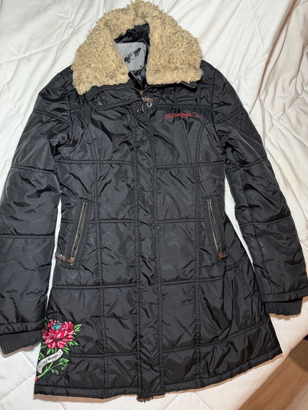 Ed Hardy Black Quilted Puffer Coat with Tan Faux Fur Collar and Floral Accent